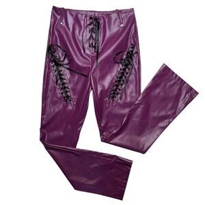 Purple Faux Leather Flare Pants with Black Ribbon Lace-Up Small